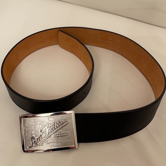 BLACK LOUIS VUITTON BELT LEATHER W/ SILVER BUCKLE - Picture 1 of 4